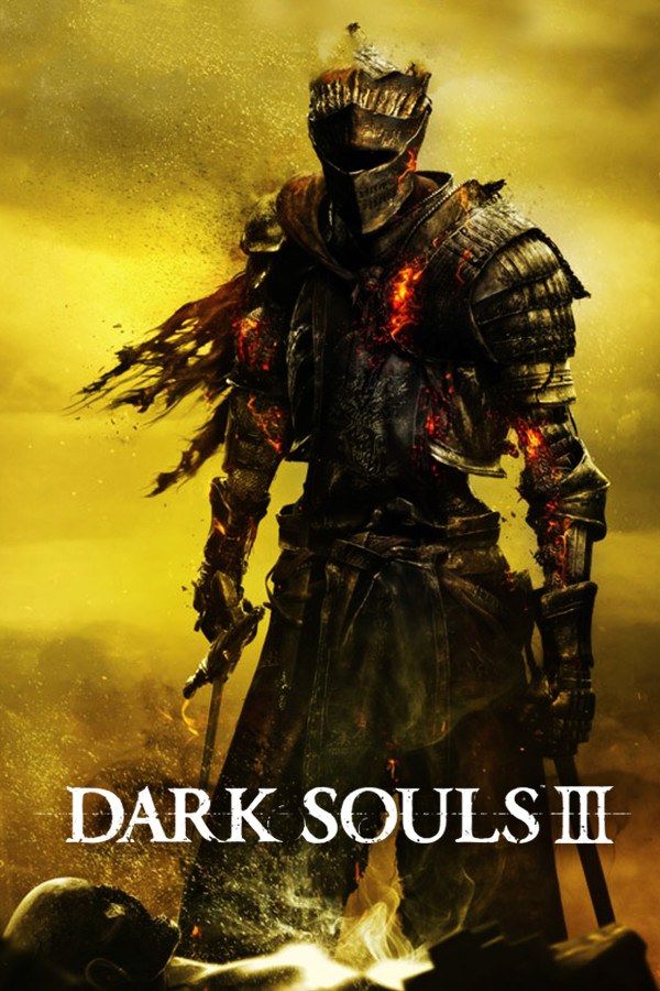 Cover von Dark Souls III: Ritter in verbrannter Rüstung vor gelbem Hintergrund