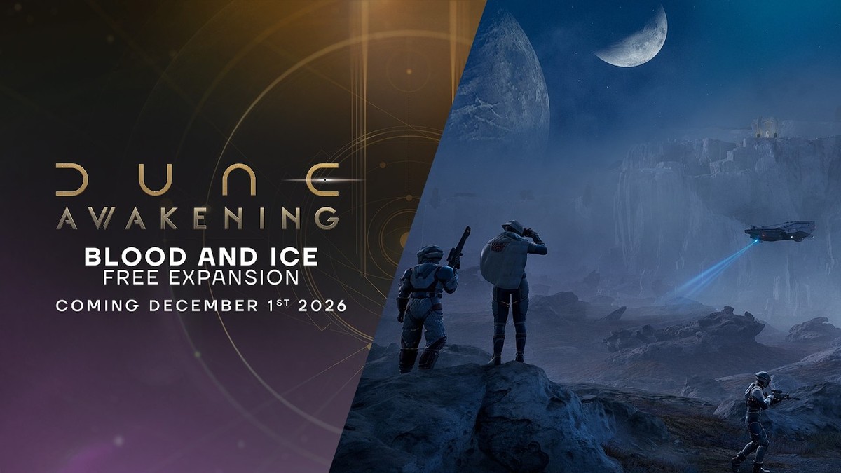 Key Art zu Dune: Awakening Blood and Ice: Spieler in Schutzanzügen auf Felsen in einer eisigen Nachtlandschaft, daneben das Logo