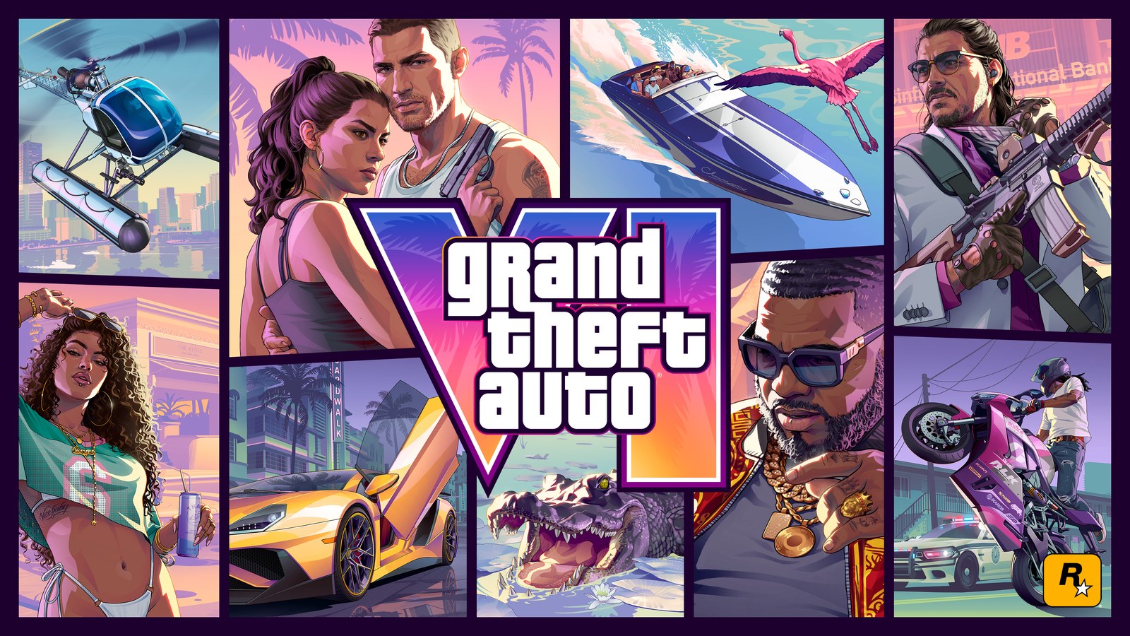 Offizielles Cover-Artwork von Grand Theft Auto VI im Querformat mit Jason, Lucia und weiteren Figuren rund um das GTA-VI-Logo