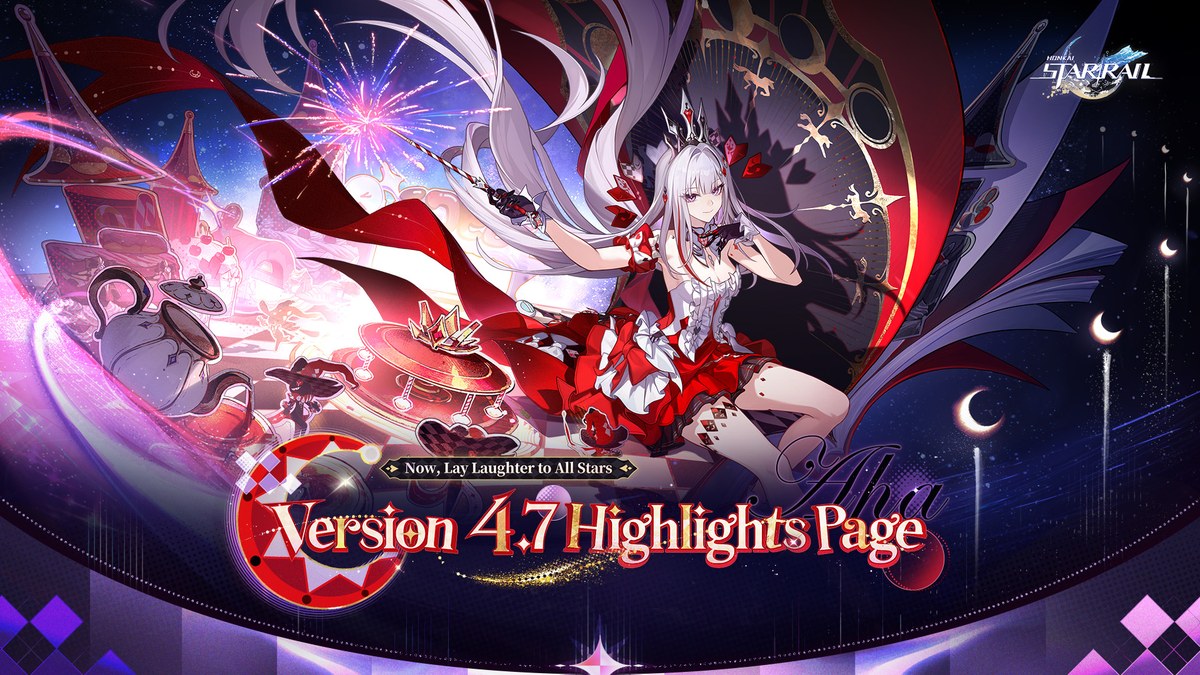 Aeon ★ Aha aus Honkai: Star Rail im rot-weißen Kleid vor einem Feuerwerk, darunter der Schriftzug Version 4.7 Highlights Page