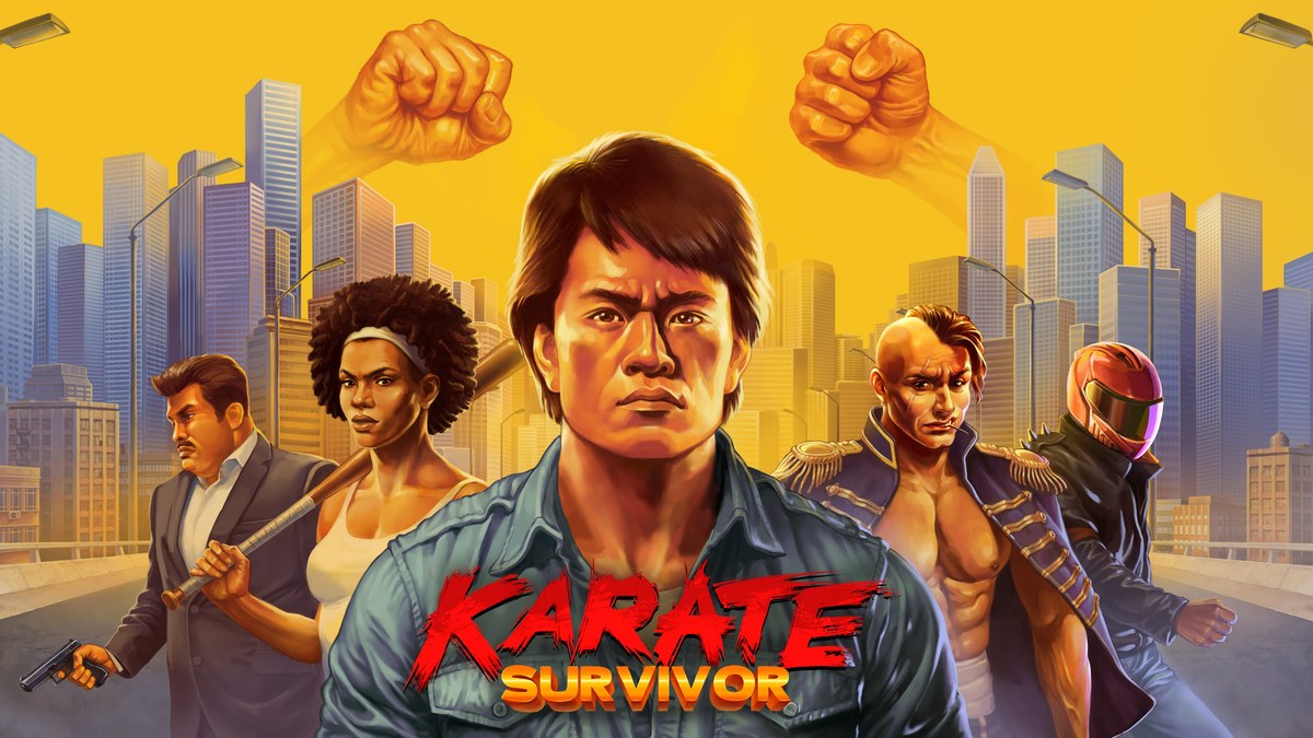 Key Art zu Karate Survivor: der Held mit Verbündeten und Gegnern auf einer Straße vor gelbem Himmel und Wolkenkratzern