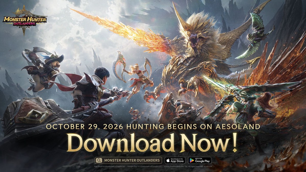 Key Art zu Monster Hunter Outlanders: Jäger kämpfen gegen einen leuchtenden Drachen, oben links das Spiellogo