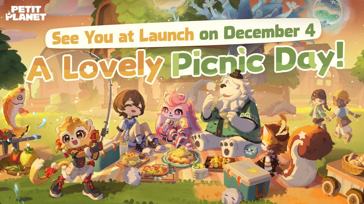 Key Art zu Petit Planet: Figuren und Tierwesen beim Picknick, Schriftzug See You at Launch on December 4