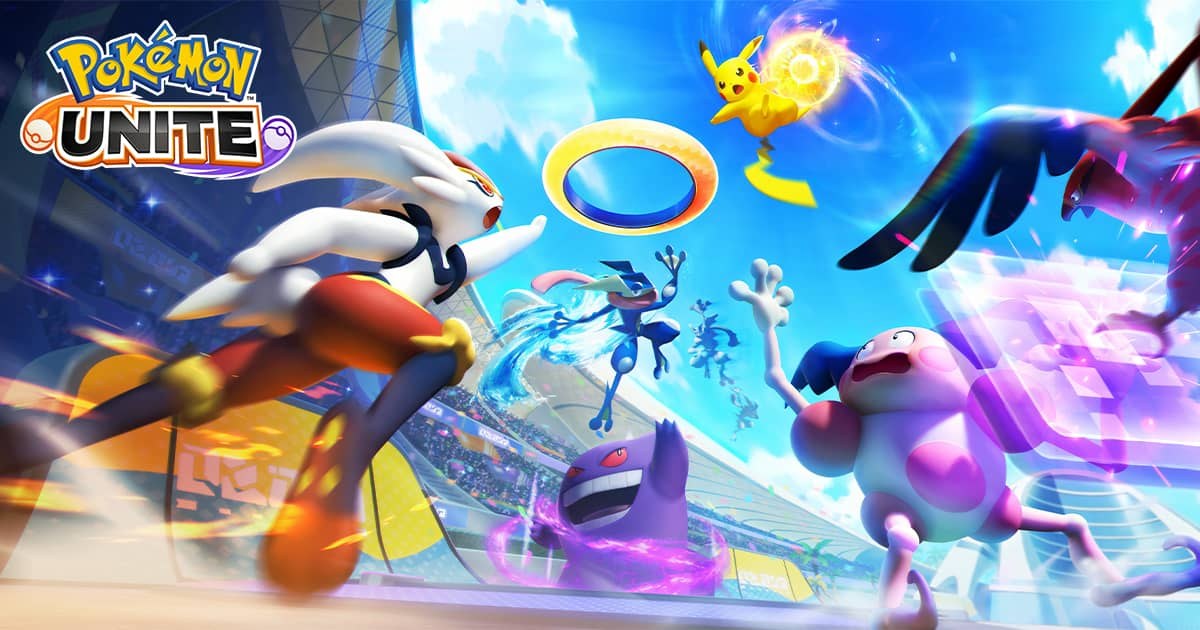 Key Art von Pokémon UNITE mit Liberlo, Pikachu, Gengar, Pantimos und weiteren Pokémon in einer Arena