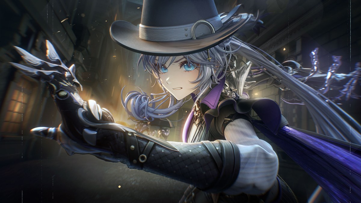 Key Art zu Silver Palace: Detektivin mit Zylinder und silbernem Haar zielt in einer dunklen Gasse