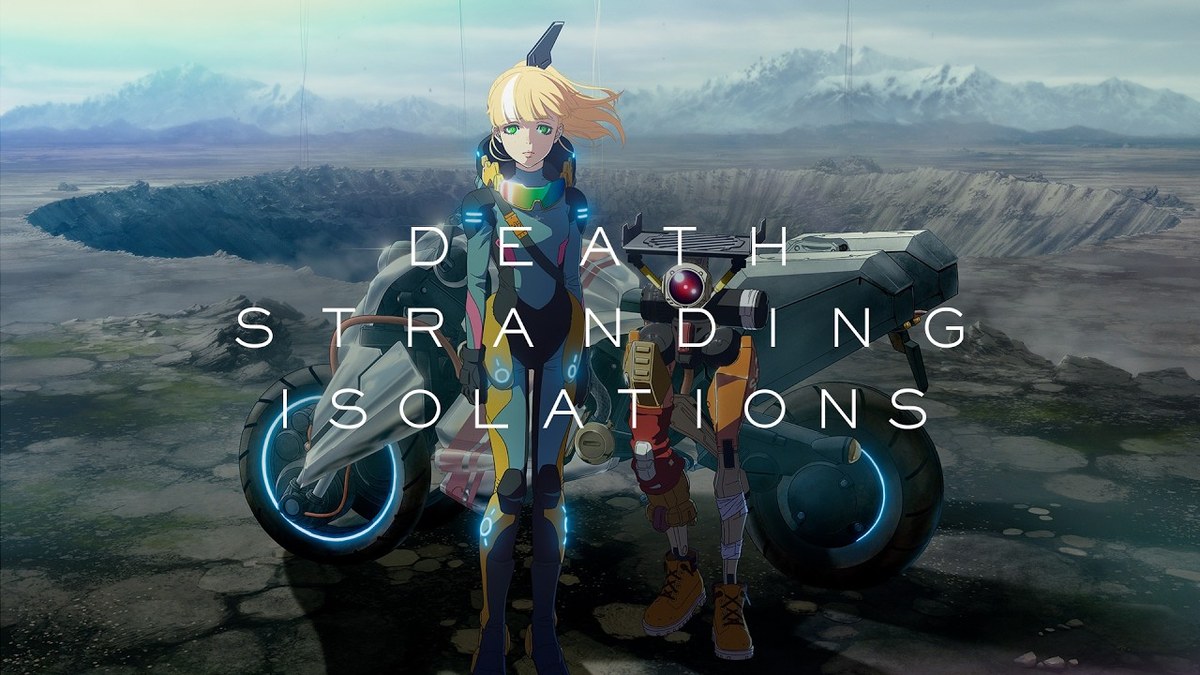 Key Art zu Death Stranding Isolations: die Hauptfigur mit Motorrad und Roboter vor einem Krater, im Bild der Schriftzug der Serie