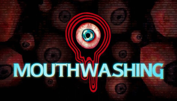 Key Art von Mouthwashing: rotes Augensymbol über dem türkisfarbenen Schriftzug vor dunkelrotem Hintergrund
